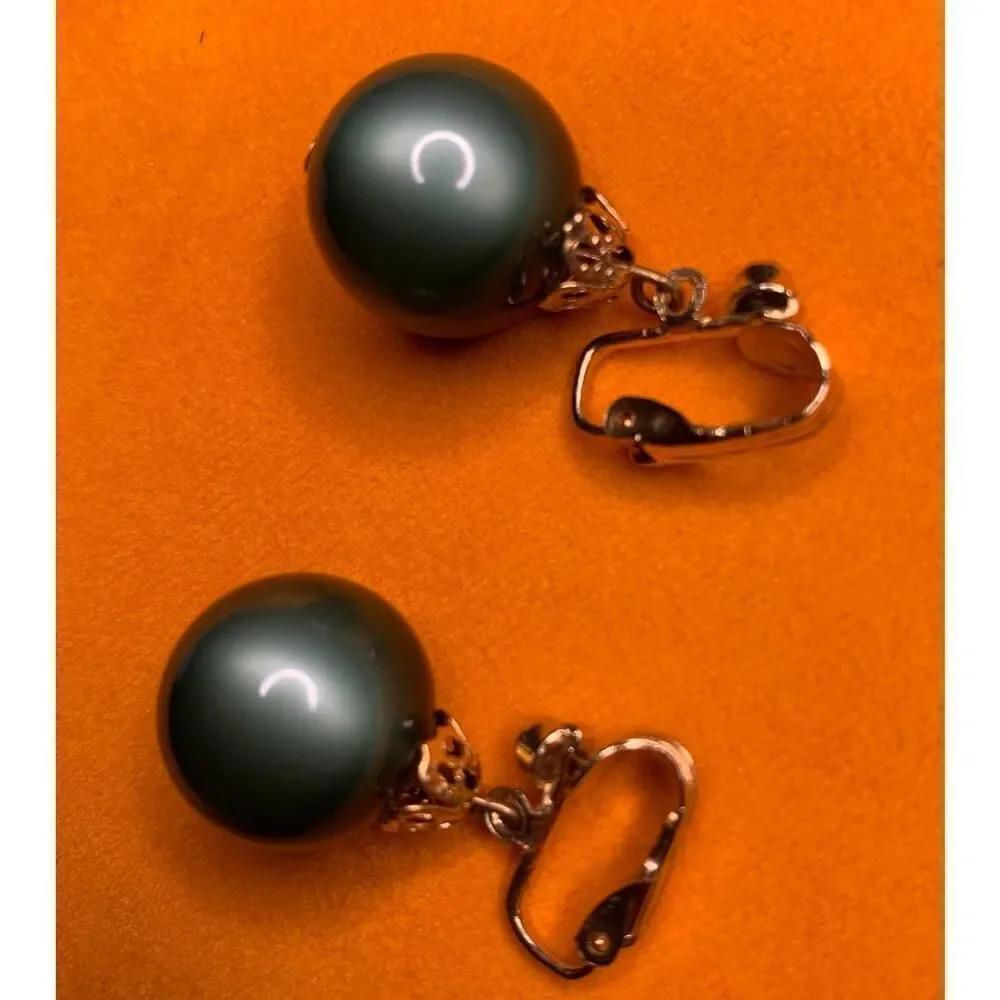 Muted Green lustrous bead Clip earrings, Vintage, Unmarked